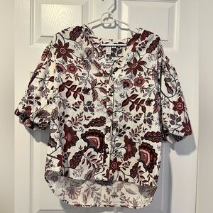 Joie Floral Red and Ivory Button-Up Women's Top with Pleated Sleeves Size Large
